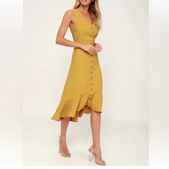 Lulu's Mustard Button-Up Midi Dress - Picture 2 of 8